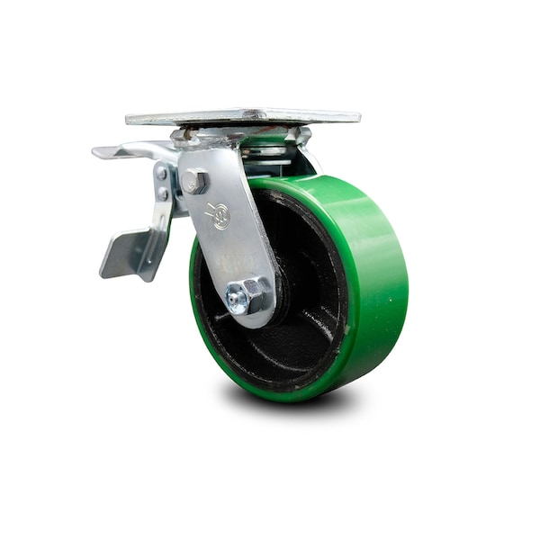 5 Inch Green Poly on Cast Iron Caster with Roller Bearing and Total Lock Brake